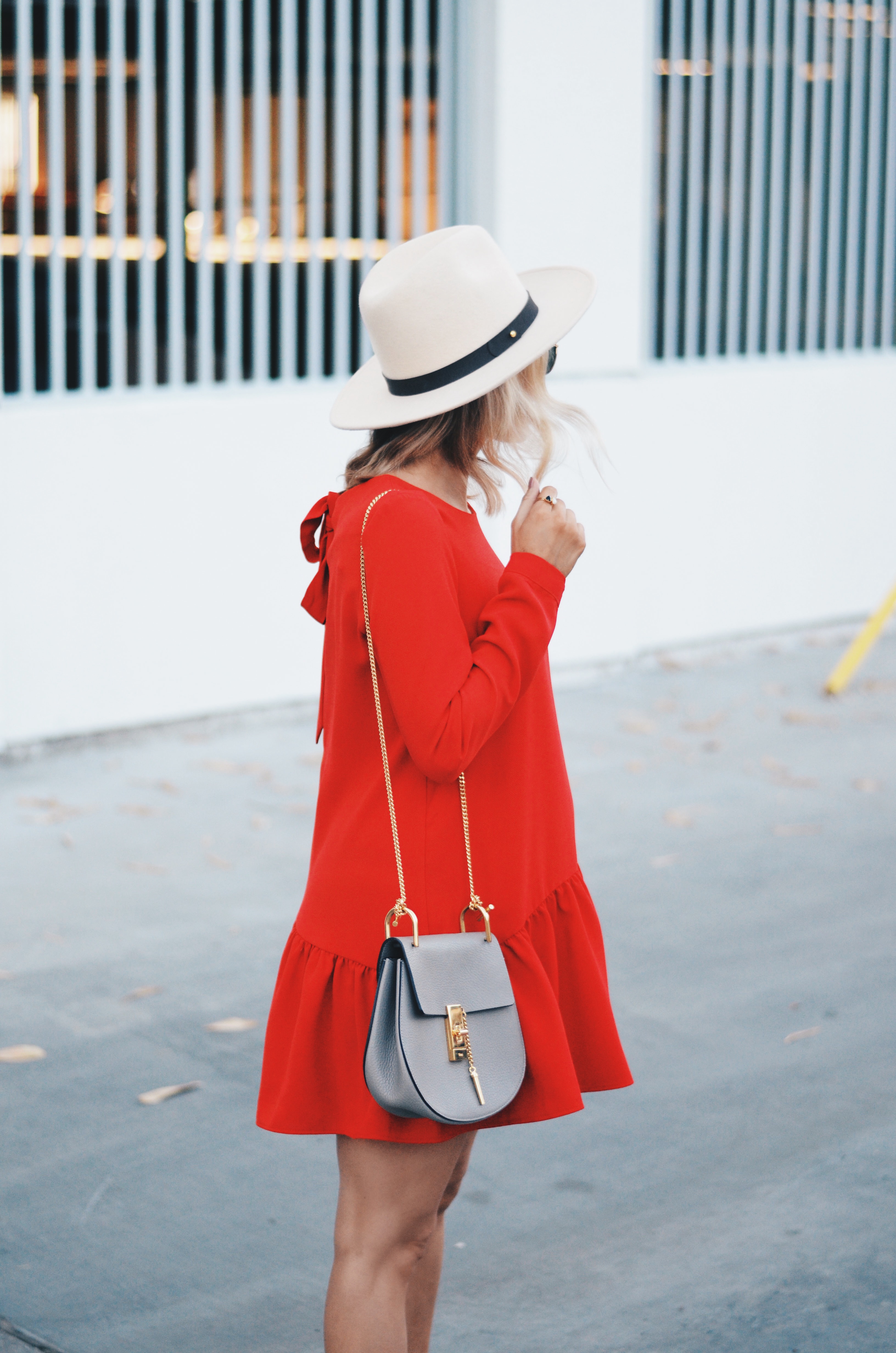 Chloe Drew bag and red dress