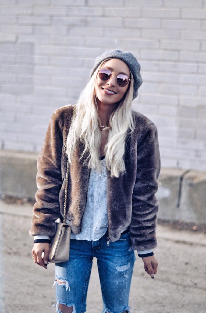 Faux fur bomber and gray beret