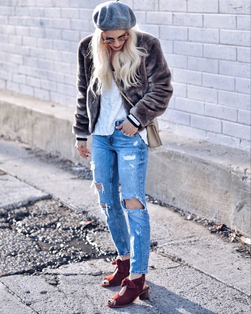 Distressed denim with gray beret