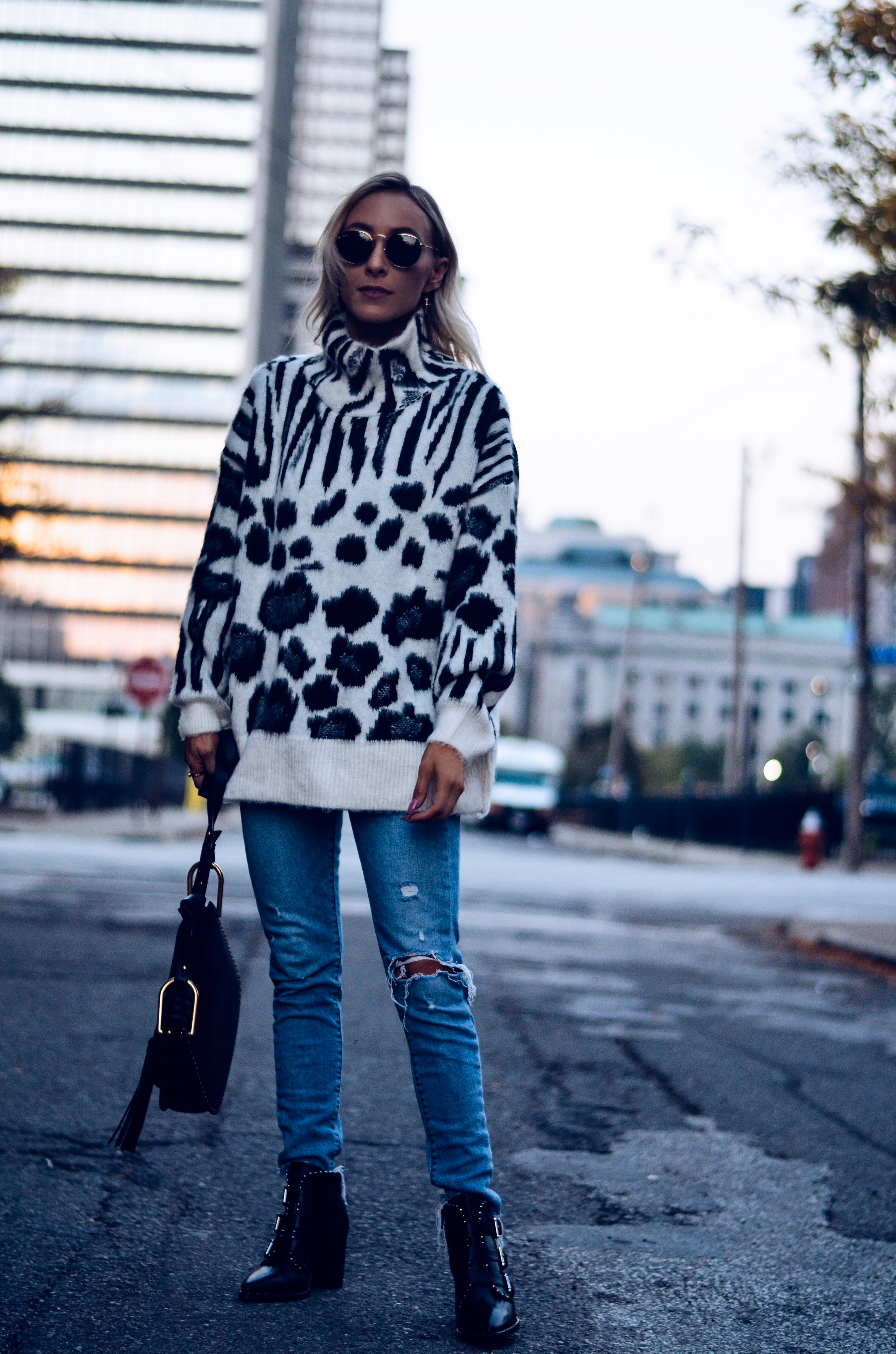 zebra print turtleneck sweater