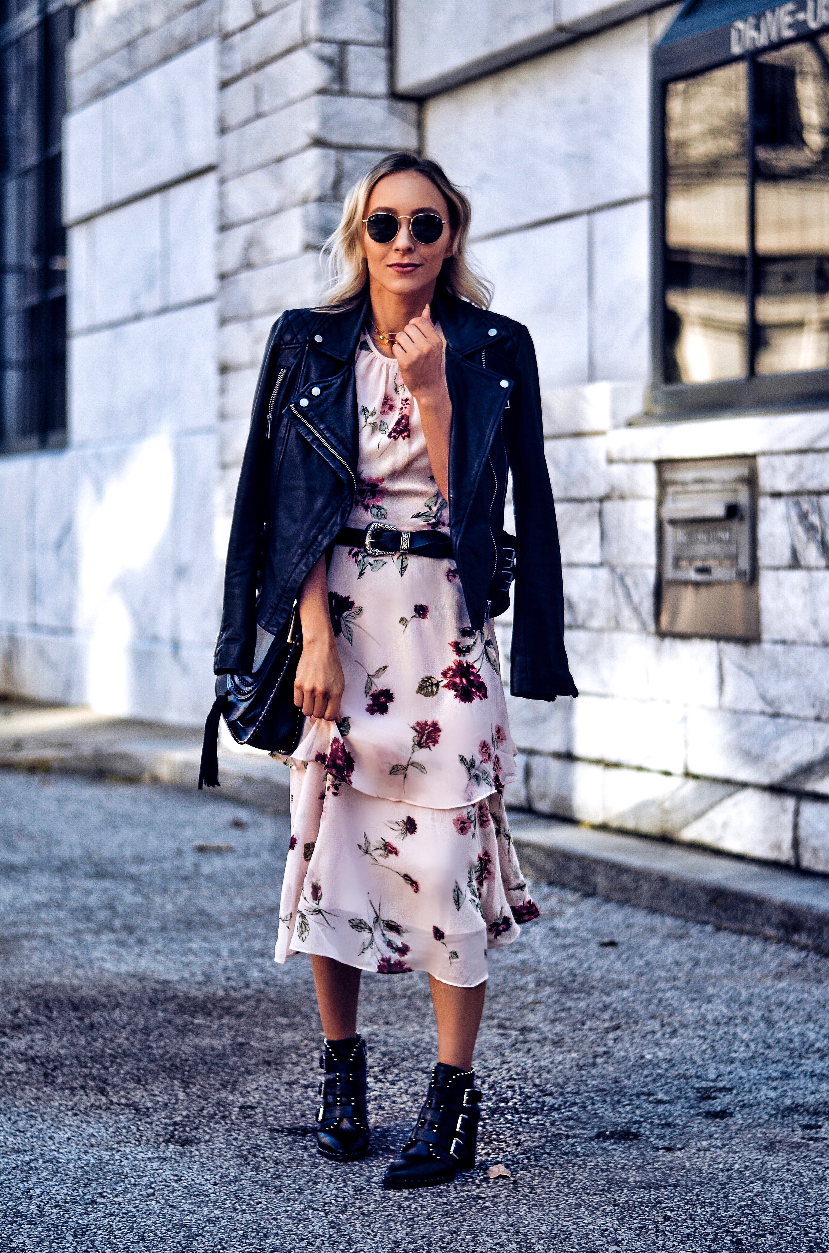 floral-dress-with-moto-jacket-and-studded-booties