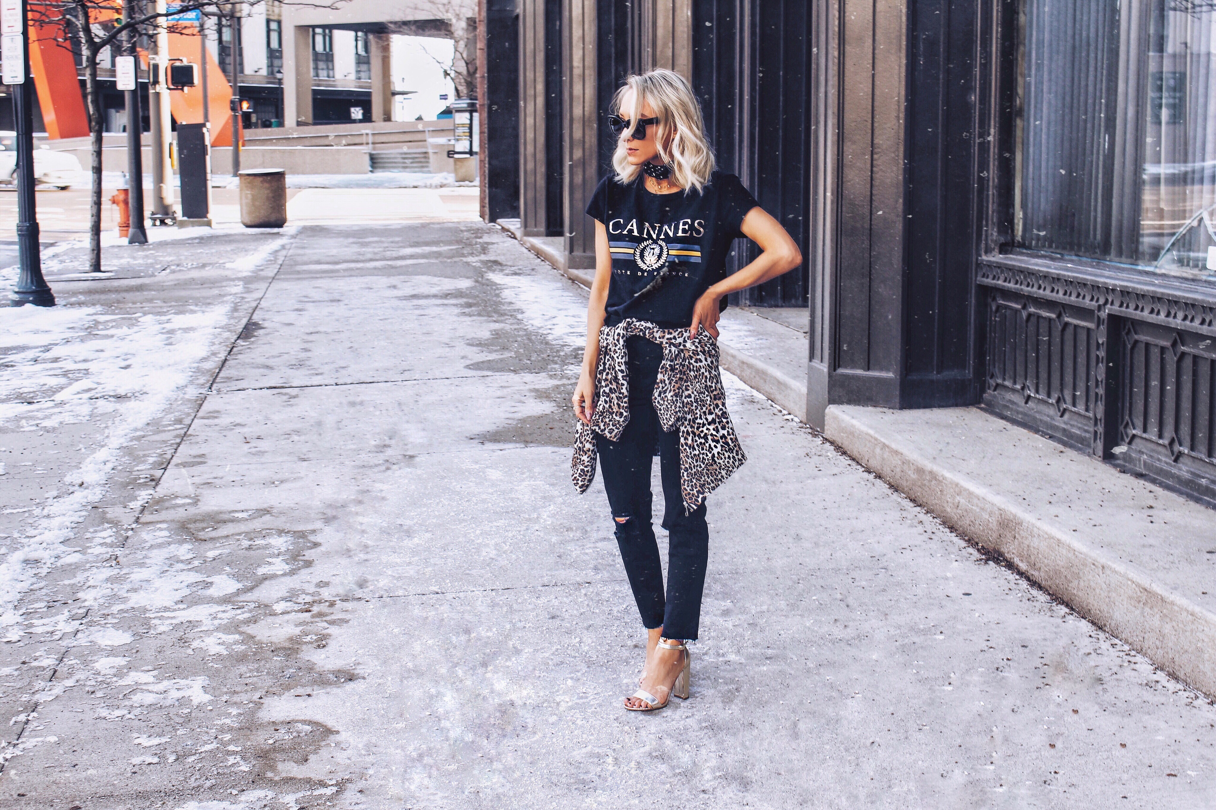 Graphic T-shirt, Jeans, and Heels |