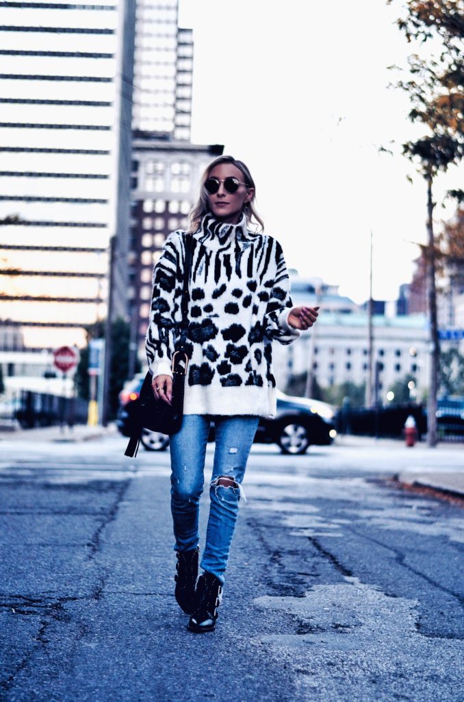 zebra print oversized turtleneck sweater. Wear it with leggings or jeans.
